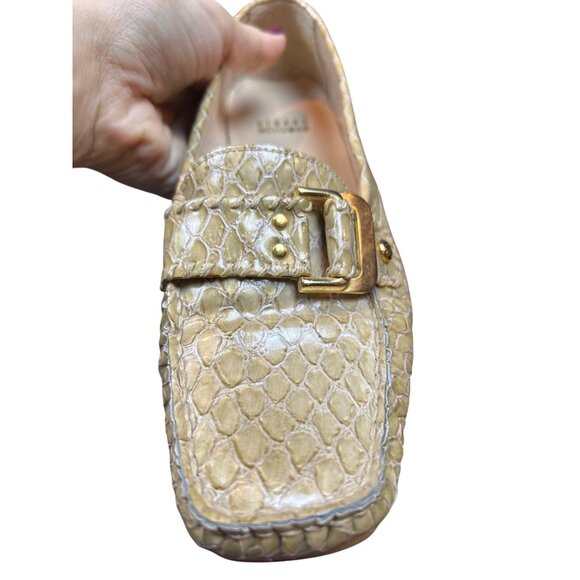 Stuart Weitzman Loafers Snakeskin Embossed Patent Leather Beige Gold Buckle 7M - Picture 4 of 10
